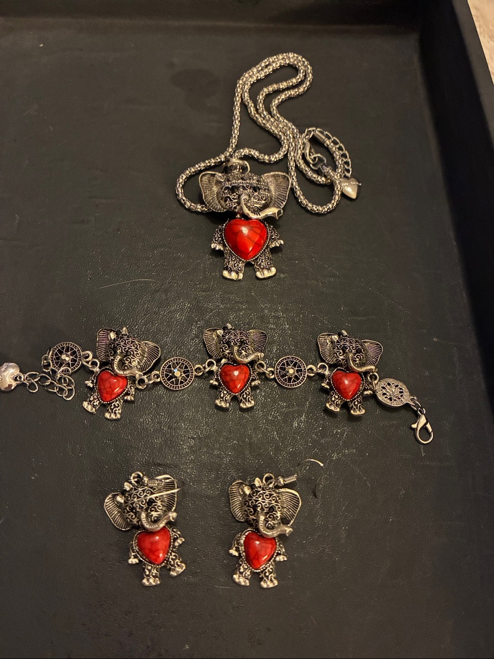 Elephant Pendant Necklace with Red Heart Accent, Bracelet and hook earrings